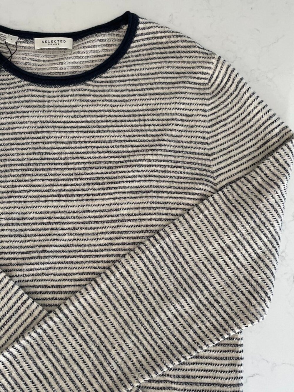 Selected Homme SLHDEAN Mix Crew Nk LS Striped Lightweight Sweater Navy Bone Wt S - Picture 4 of 12
